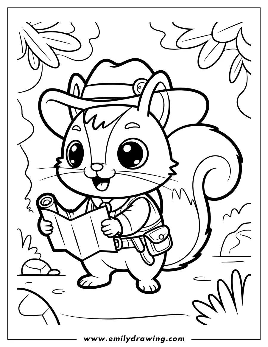 Outline of a friendly squirrel wearing an explorer's hat and holding a map, ready for an adventure.