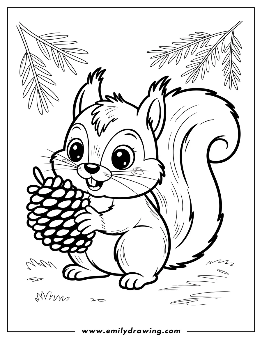 Outline of a squirrel holding a pine cone under pine branches.