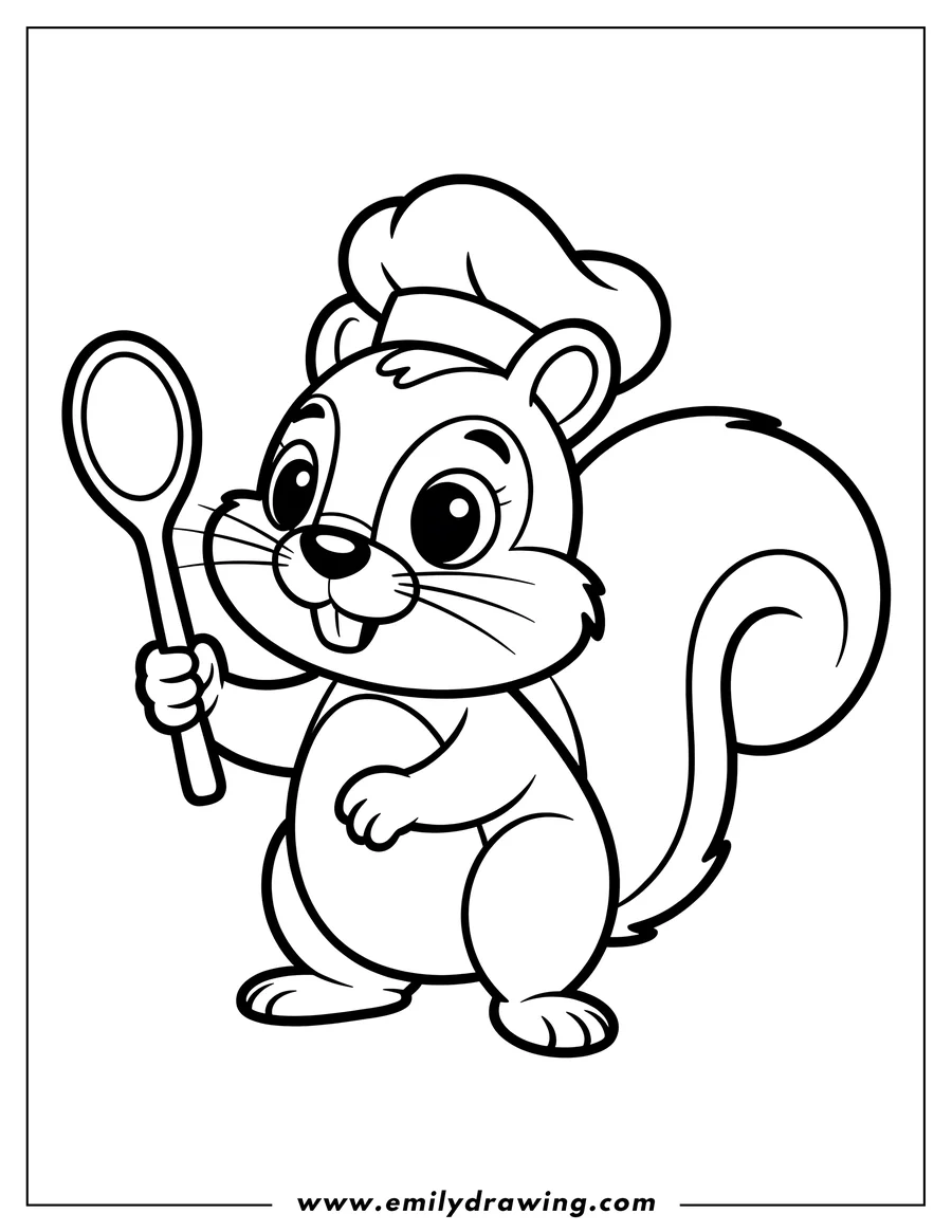Line art of a squirrel wearing a chef's hat and holding a large spoon.