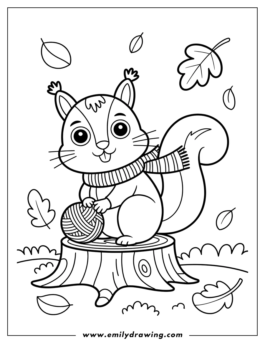 Outline of a squirrel sitting on a tree stump, holding a ball of yarn and wearing a striped scarf. Autumn leaves fall around it.