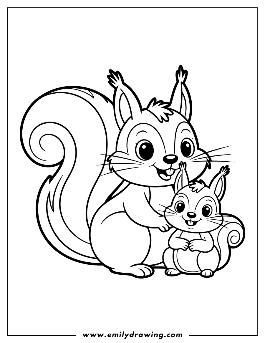 Outline of two squirrels, one adult and one baby. The baby squirrel sits in front of the adult.