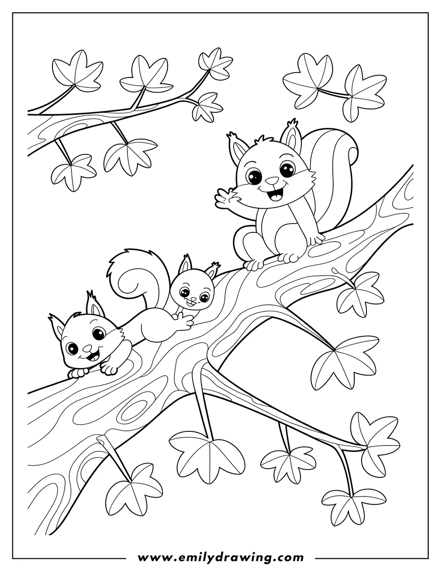 Three playful squirrels on a tree branch, surrounded by leaves. One squirrel is waving.