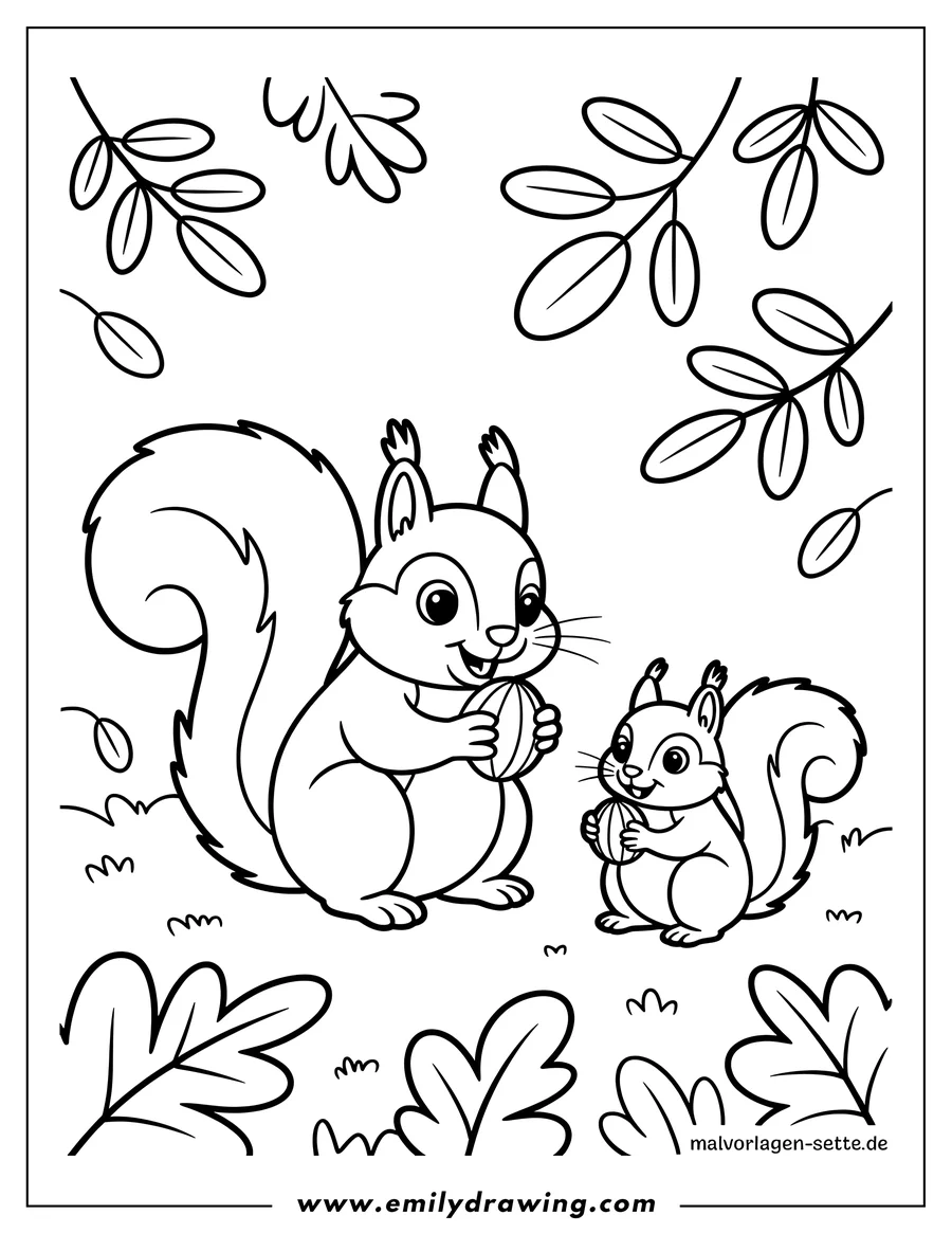Two squirrels holding acorns, surrounded by leaves.