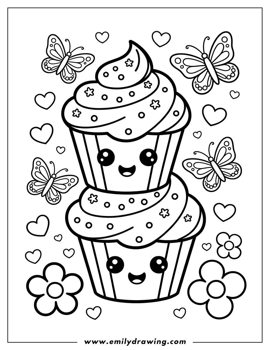 Outline of two stacked kawaii cupcakes with smiling faces, surrounded by butterflies, hearts, and flowers.