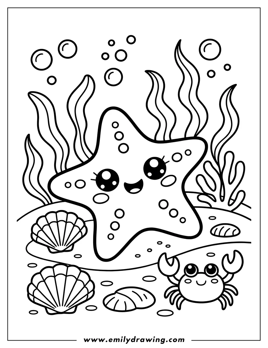 Outline of a cute starfish and crab on the seabed, surrounded by seaweed, bubbles, and shells. The starfish and crab have large, friendly eyes and are smiling.