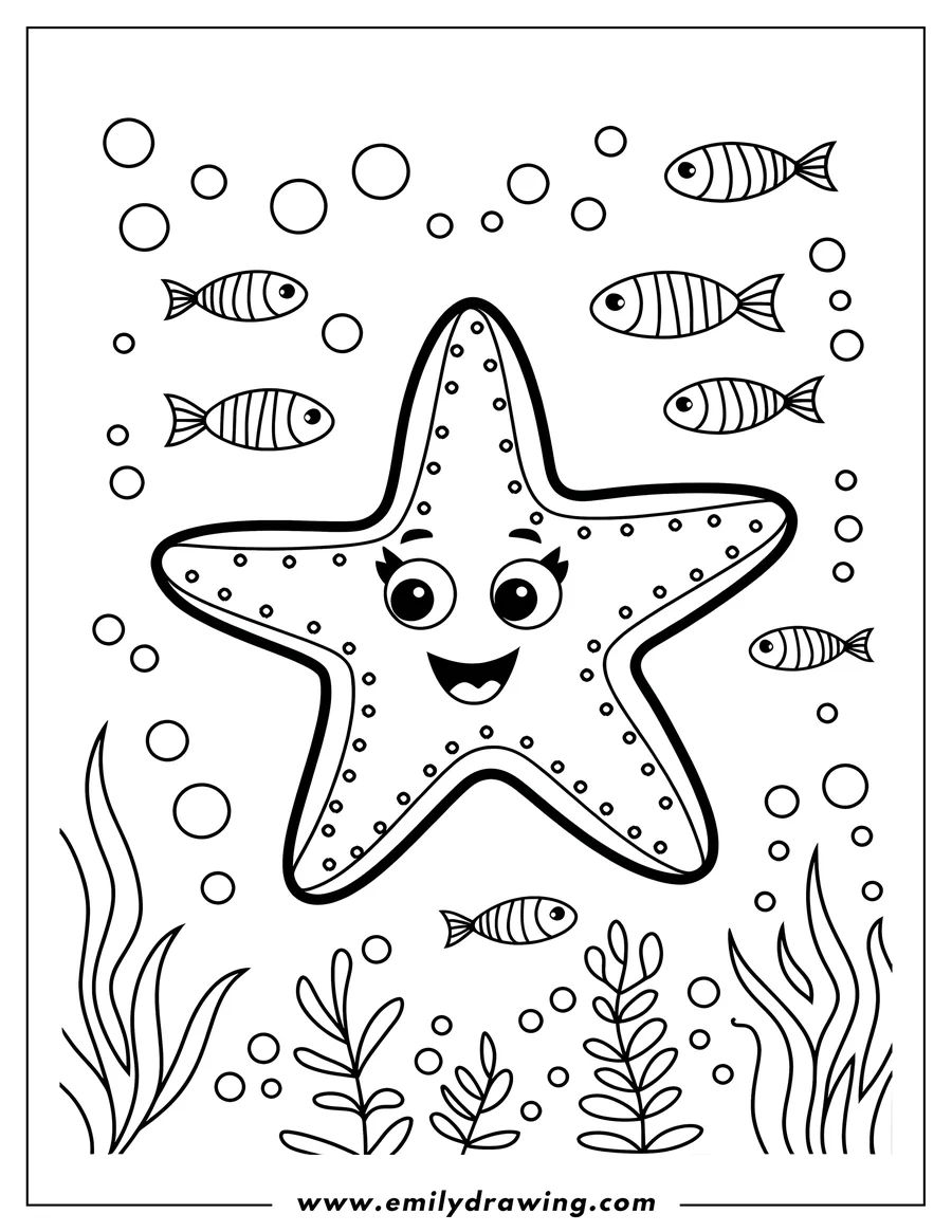 Line art of a smiling starfish surrounded by small fish and seaweed. Bubbles float around, creating a cheerful underwater scene.