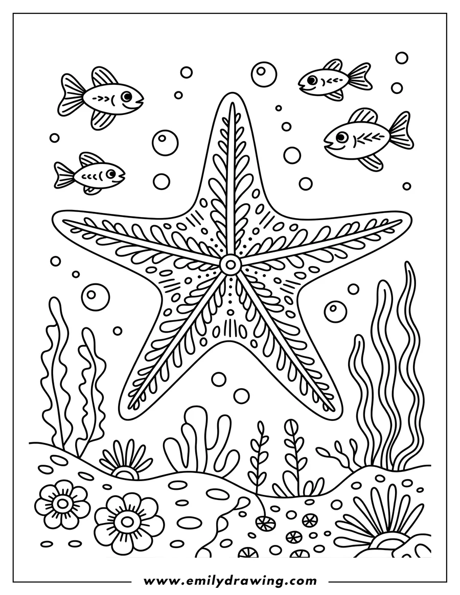 Outline of a starfish and two small fish swimming underwater above seabed with seaweed and flowers.