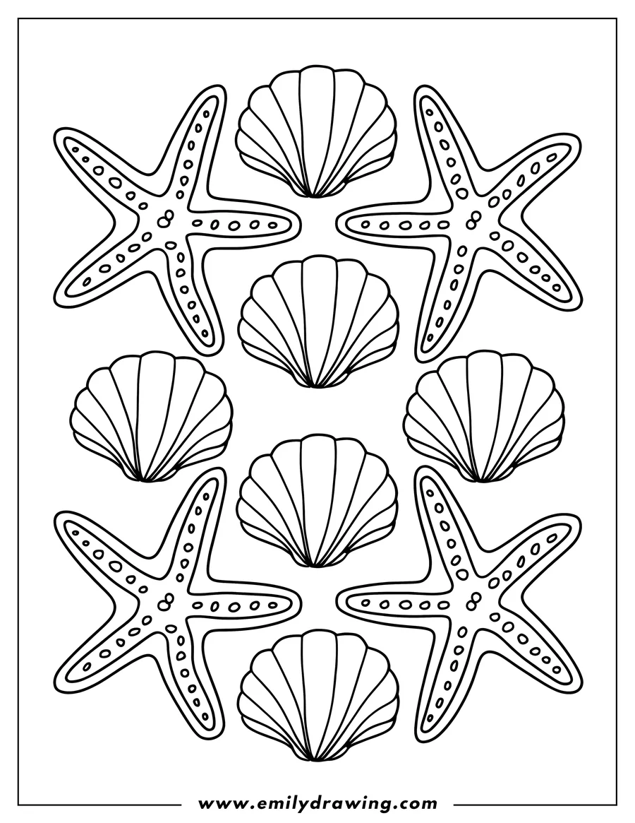 Outline of several starfish and seashells arranged in a pattern.
