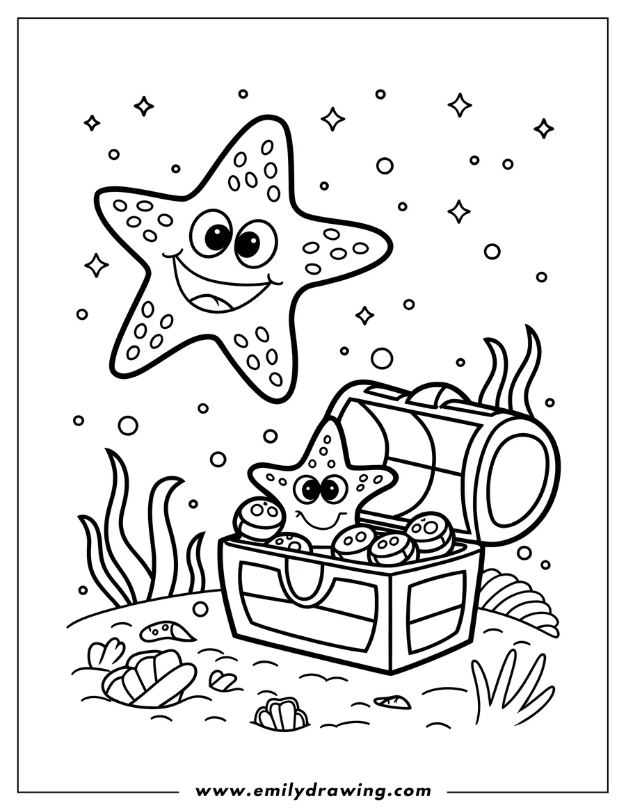 Two starfish and a treasure chest on the ocean floor. One starfish sits on top of the open chest, which is filled with coins. Another starfish swims above the chest. Seaweed, bubbles, and shells decorate the seabed.