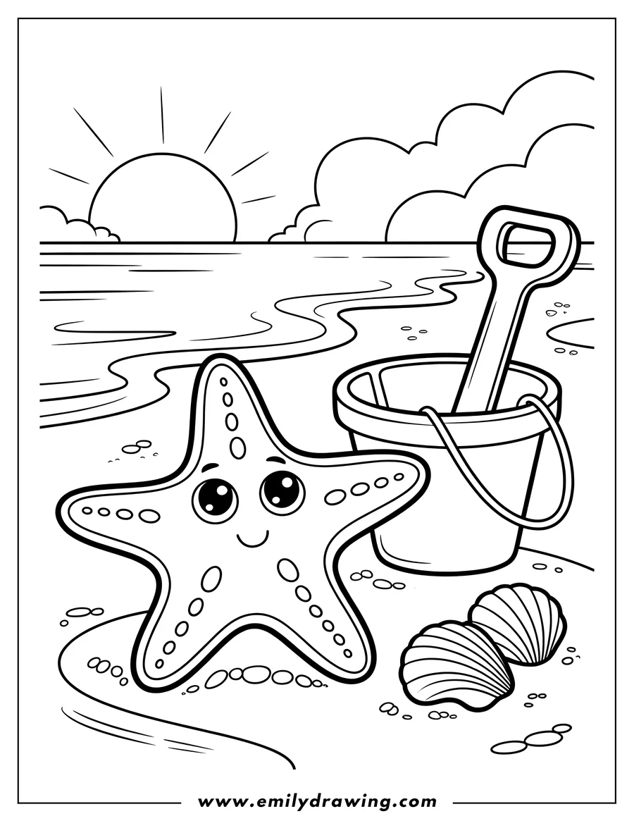 Outline of a starfish on the beach at sunrise with a pail, shovel, and seashells.
