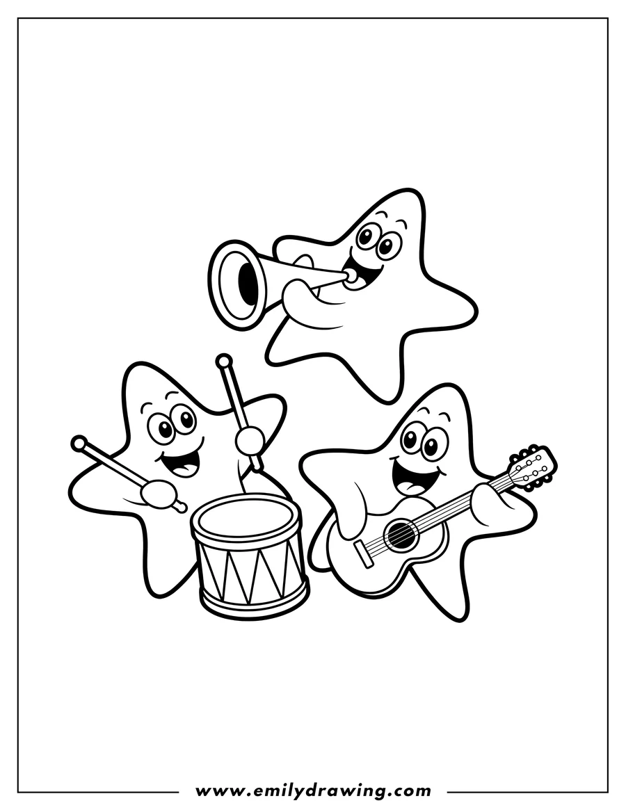 Three starfish playing musical instruments: a trumpet, drums, and a guitar. Each starfish has a cheerful expression.