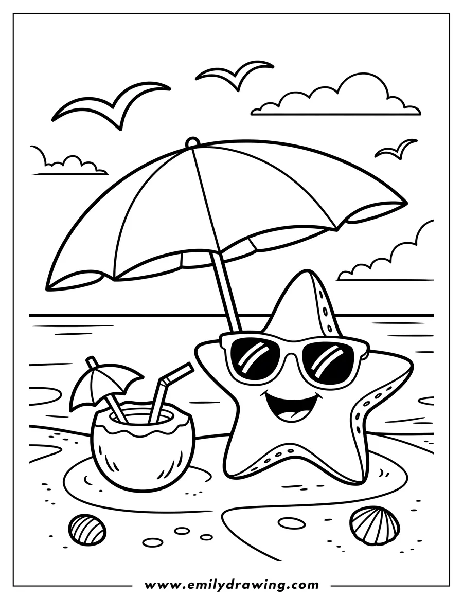 Outline of a starfish wearing sunglasses and enjoying a coconut drink on the beach under a beach umbrella.