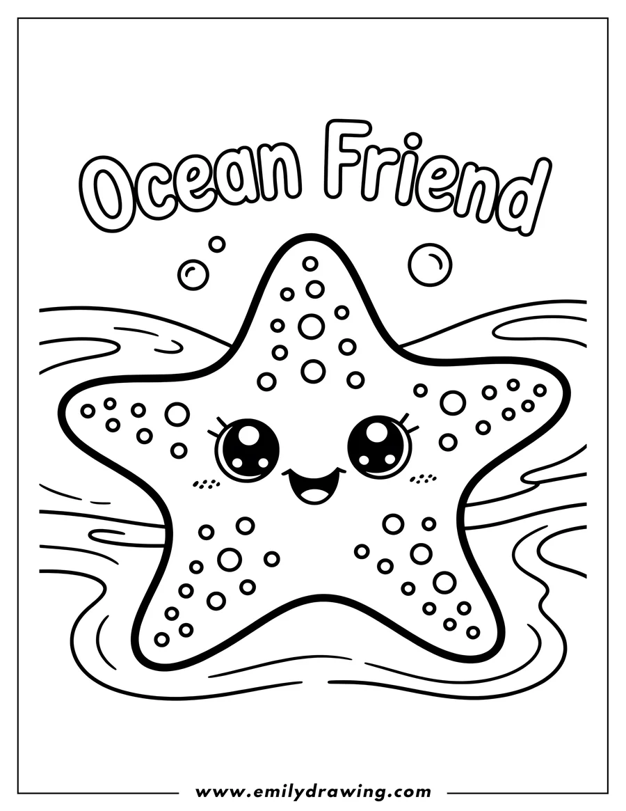 Outline of a cute starfish with big eyes, spots, and bubbles around it, floating on stylized waves.