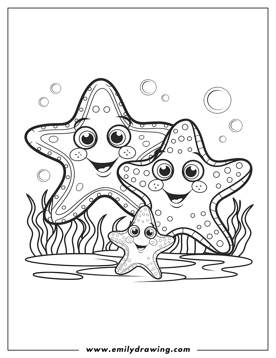 Outline of a family of three smiling starfish on the ocean floor, surrounded by seaweed and bubbles.
