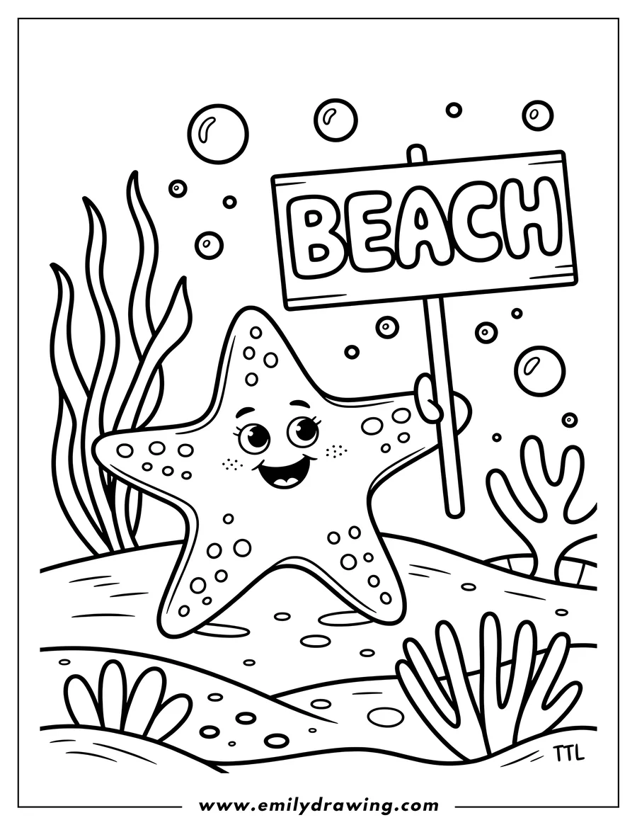 Line art of a starfish holding a sign that says 'Beach', surrounded by seaweed and bubbles.