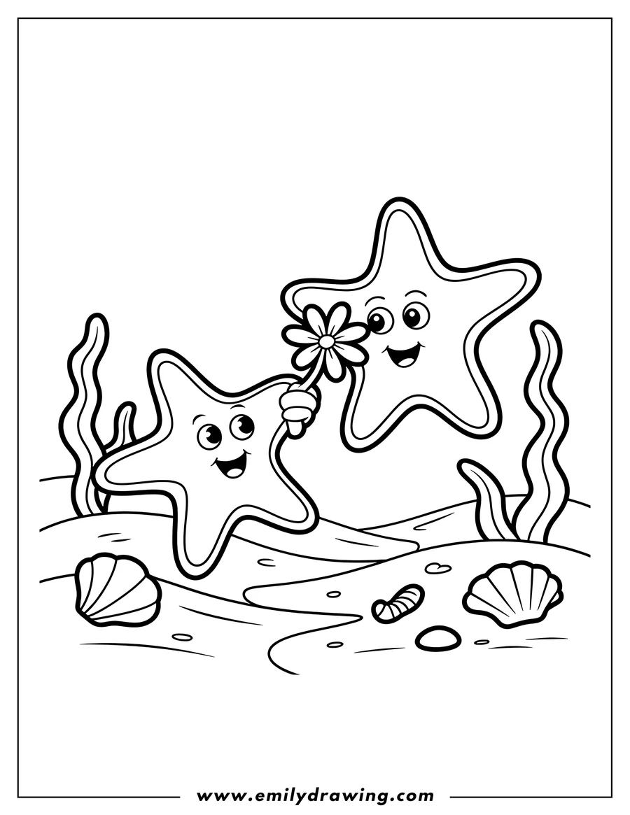Two smiling starfish on the ocean floor. One starfish is holding a flower for the other.