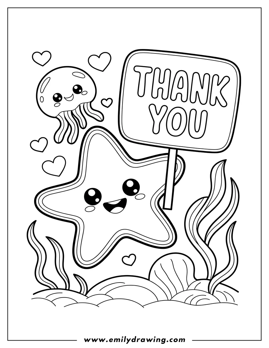 Line art of a smiling starfish holding a sign that says 'Thank You', with a jellyfish and hearts floating above, and seaweed in the background.