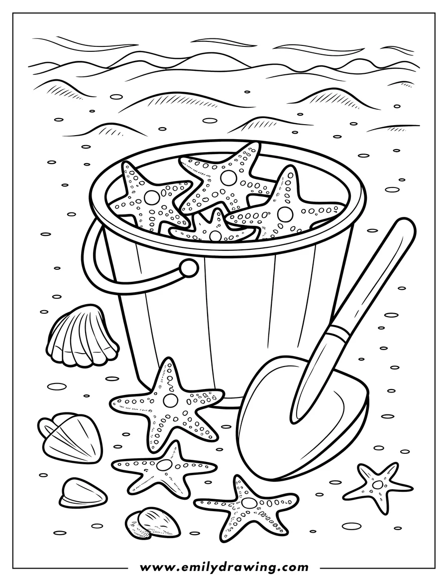 Outline of several starfish in a bucket on a sandy beach, with a shovel and various shells scattered around. The ocean is visible in the background.