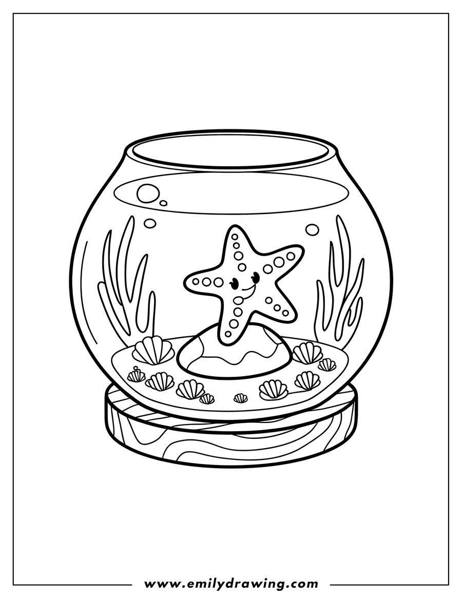 Outline of a starfish sitting on a rock in a fishbowl, surrounded by seaweed and seashells.