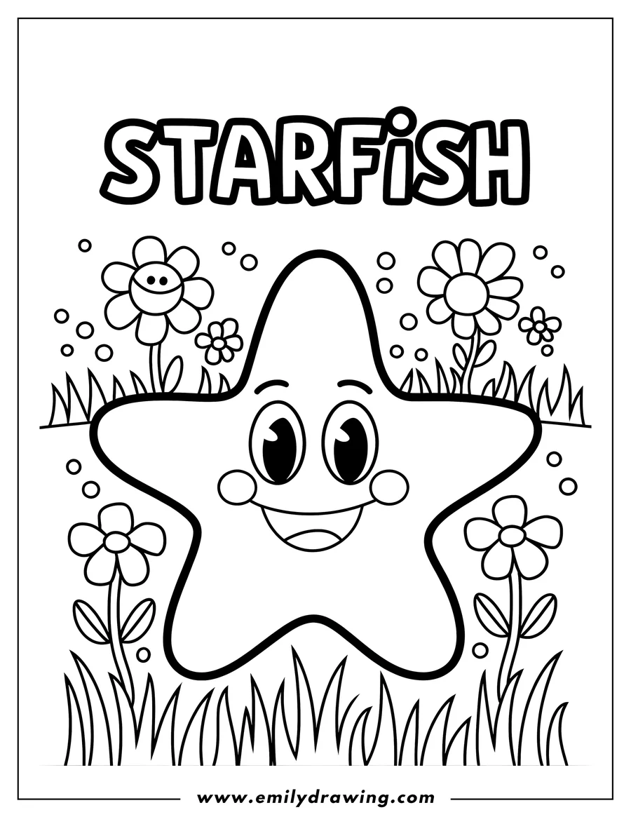 Line art of a smiling starfish in the grass, surrounded by cheerful flowers.