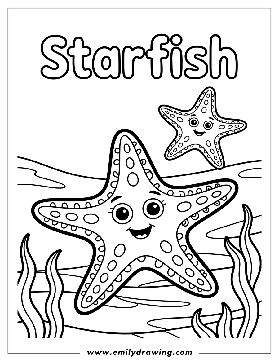 Two smiling starfish on the ocean floor with seaweed.