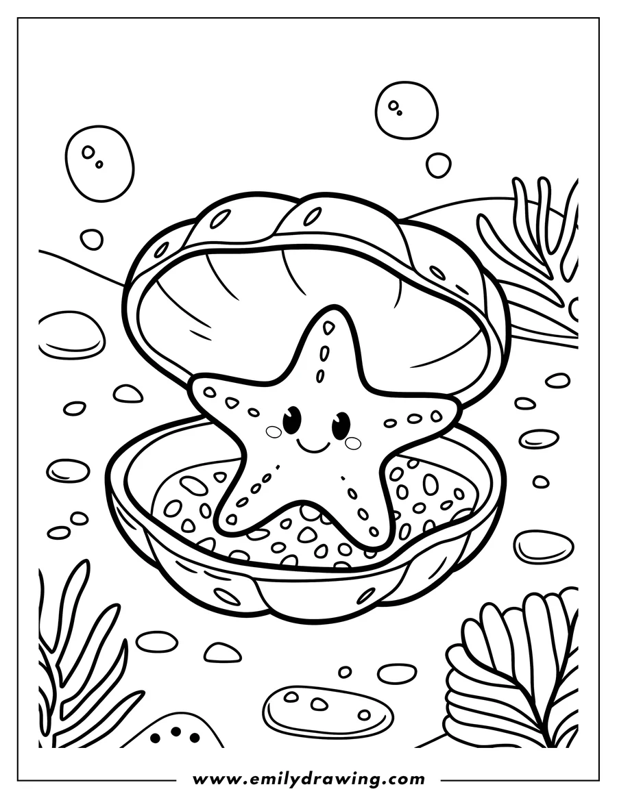 Outline of a cute starfish inside an open seashell on the ocean floor.