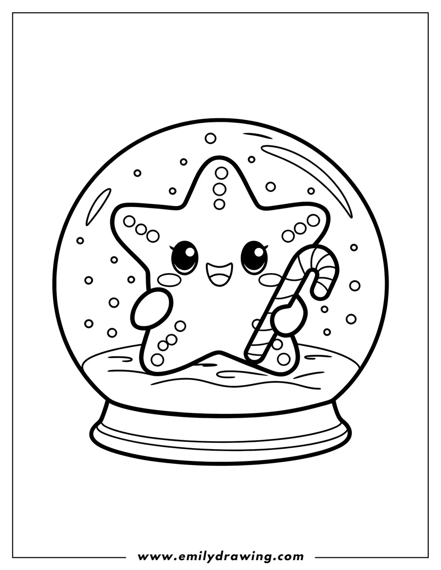 Outline of a starfish holding a candy cane inside a snow globe.