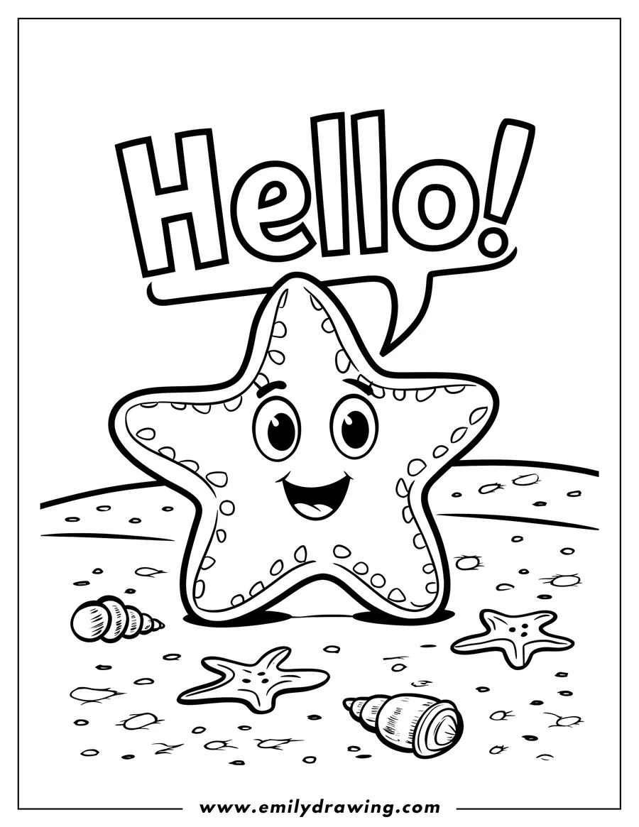 Line art of a friendly starfish on the beach, surrounded by small seashells. The starfish has a cheerful expression and seems to be saying hello. It's ready to be colored!