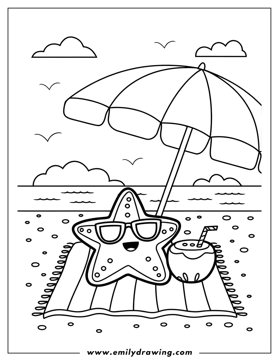 Outline of a starfish wearing sunglasses and enjoying a coconut drink on a beach towel under an umbrella, with the ocean and sky in the background.