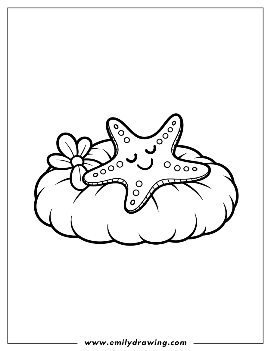 Outline of a starfish resting on a coral reef with a small flower nearby.