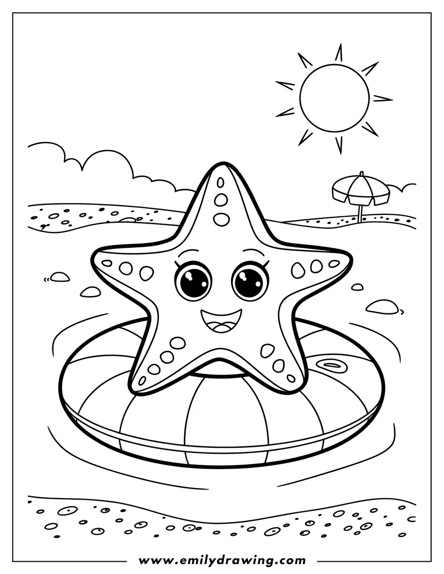 Outline of a smiling starfish floating on an inner tube in the ocean, with a beach, sun, and umbrella in the background.