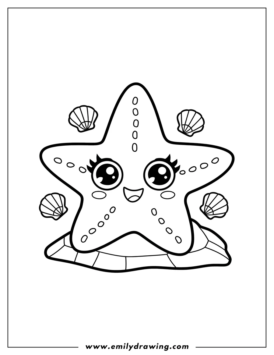 Outline of a cute starfish sitting on a rock, surrounded by seashells.