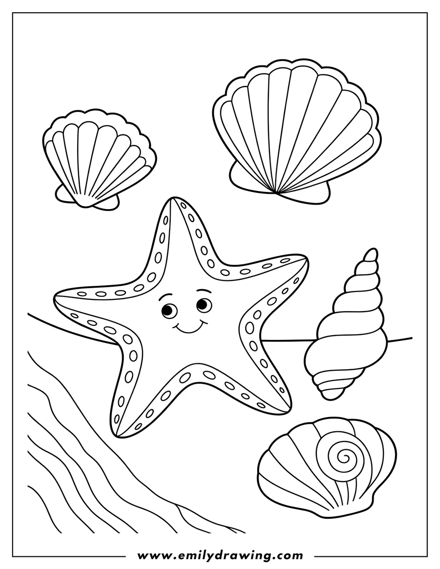 Outline of a smiling starfish on the seabed, surrounded by various seashells.
