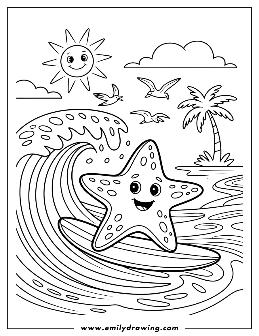 Line art of a smiling starfish surfing a wave near a tropical beach. A smiling sun, clouds, and birds are in the sky.