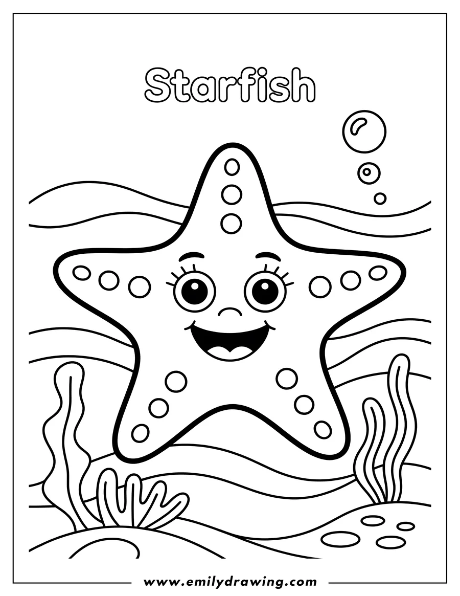 Outline of a smiling starfish underwater with seaweed and bubbles.