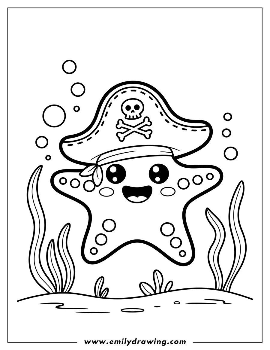 Outline of a smiling starfish wearing a pirate hat with skull and crossbones, surrounded by seaweed and bubbles.