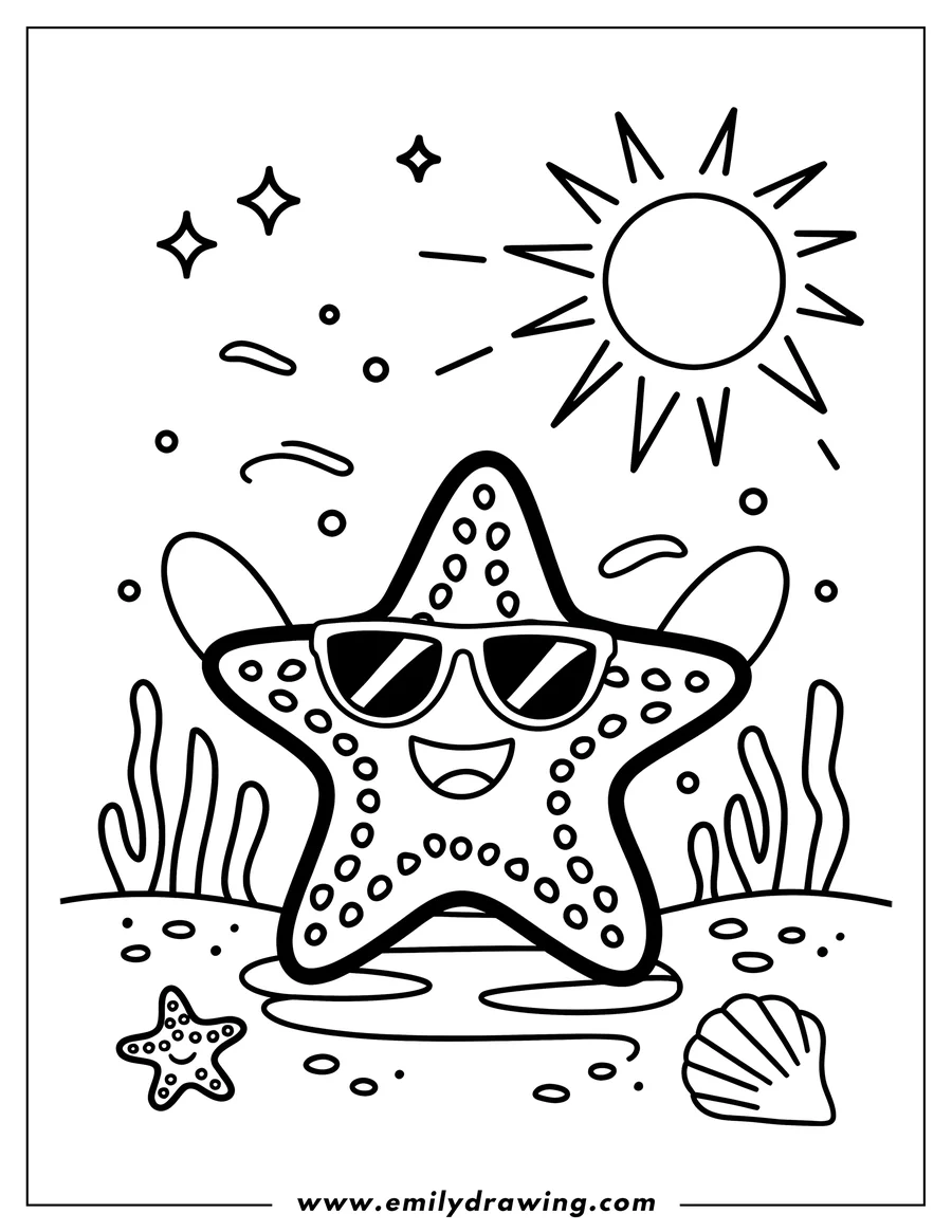 Outline of a starfish wearing sunglasses on the beach, with a smaller starfish and a seashell nearby. The sun is shining and seaweed sways gently.