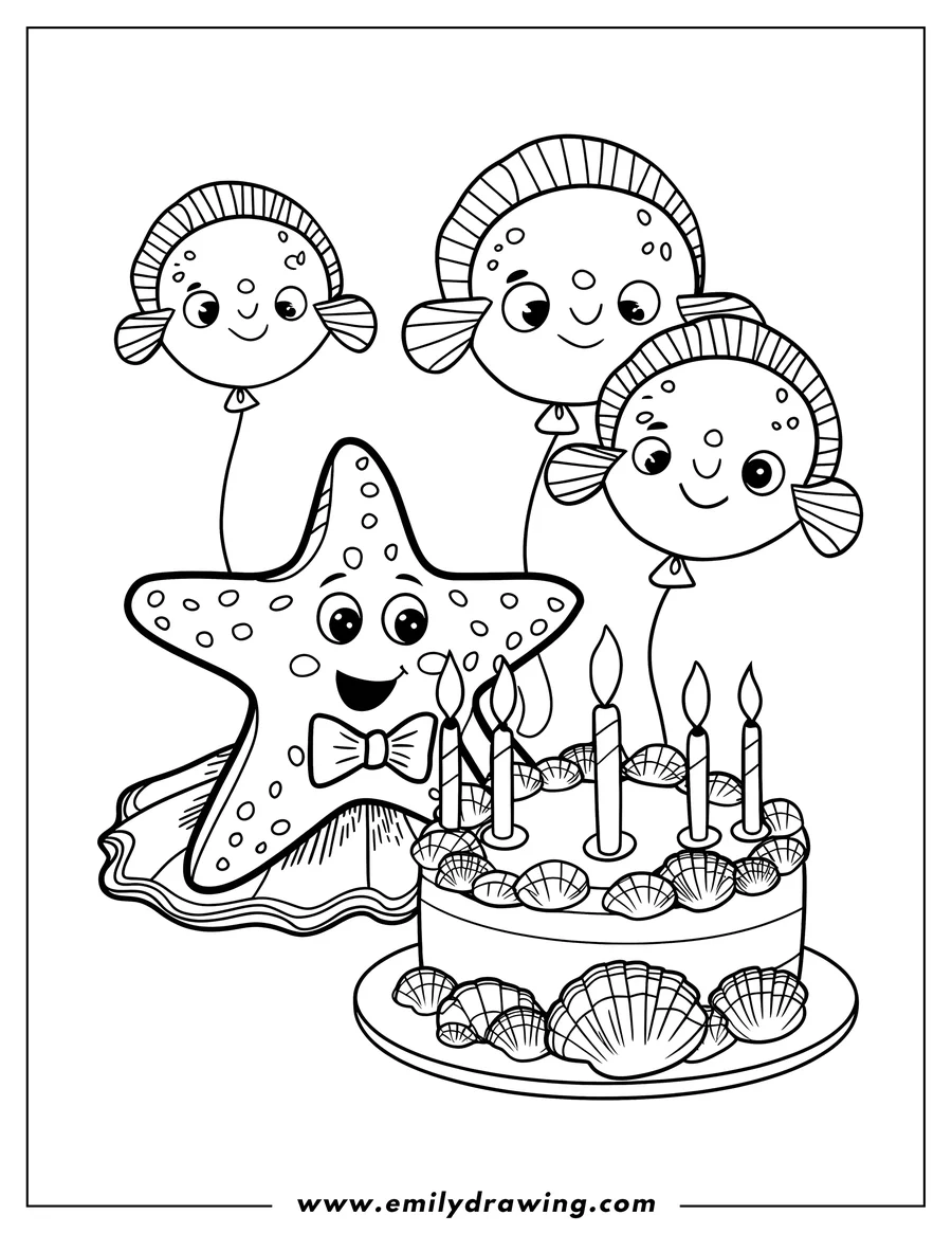 Line art of a starfish wearing a bow tie with a birthday cake and fish balloons.