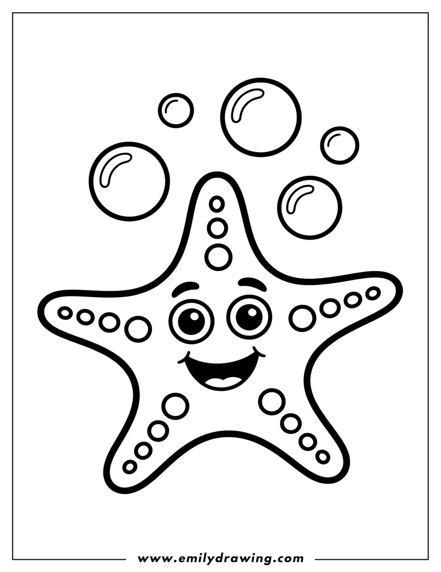 Line art of a smiling starfish with bubbles floating above it.
