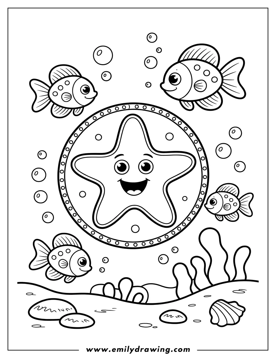 Outline of a smiling starfish surrounded by four small fish and bubbles, with rocks, seaweed, and a clamshell at the bottom of the ocean scene.