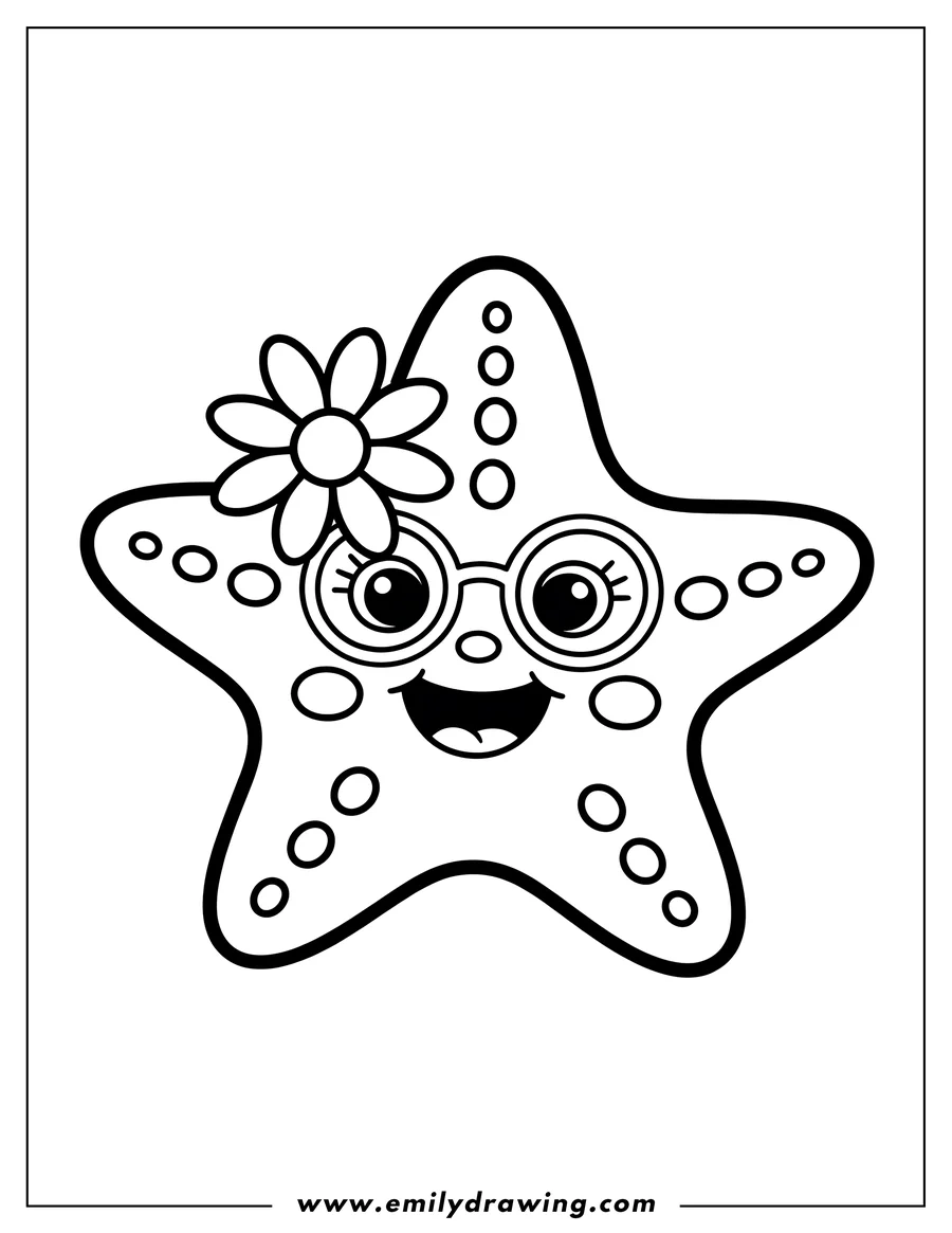Line art of a starfish wearing round glasses and a flower tucked behind one of its points. The starfish has a happy expression.