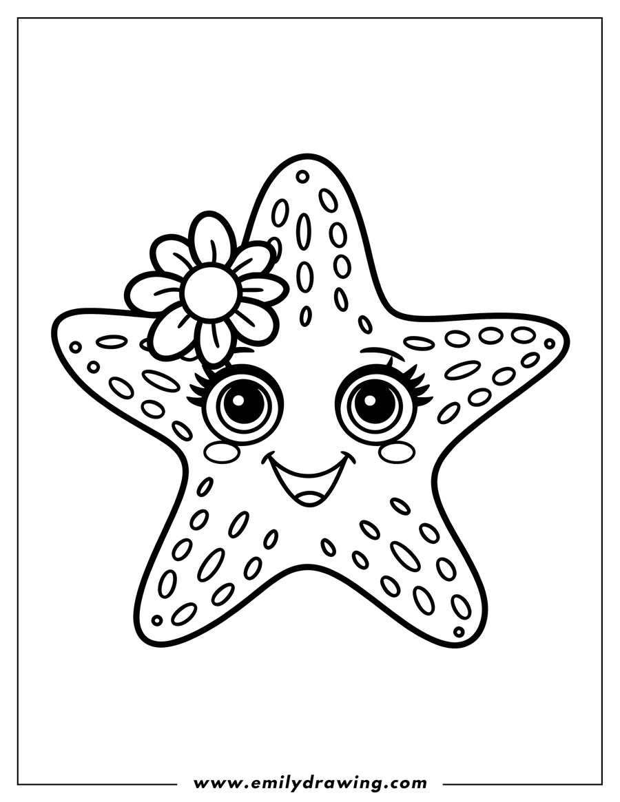 Outline of a smiling starfish with a flower on one of its arms. The starfish is covered in small circles.