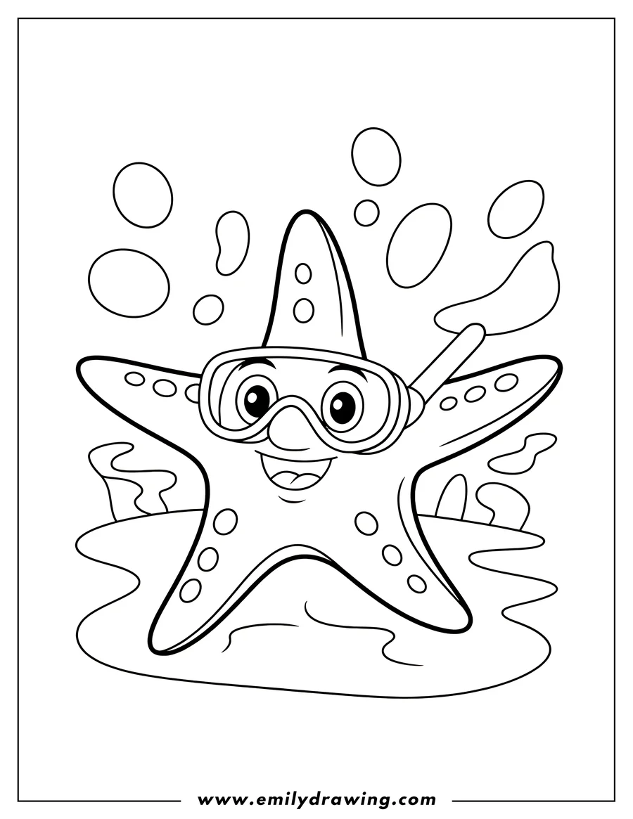 Line art of a starfish wearing a snorkel mask and exploring the ocean floor.