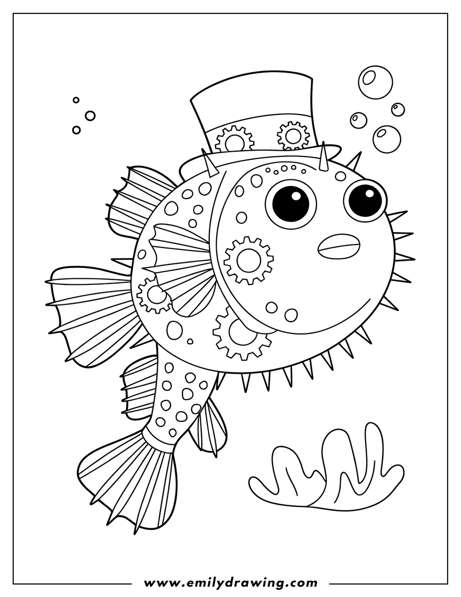 Line art of a steampunk pufferfish with gears, a top hat, and blowing bubbles. Seaweed is visible below.