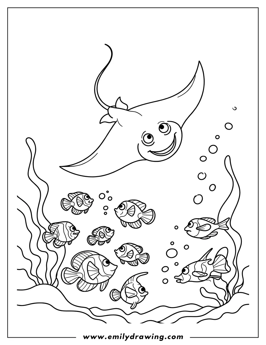 Line art of a stingray swimming above a group of smaller fish near seaweed.