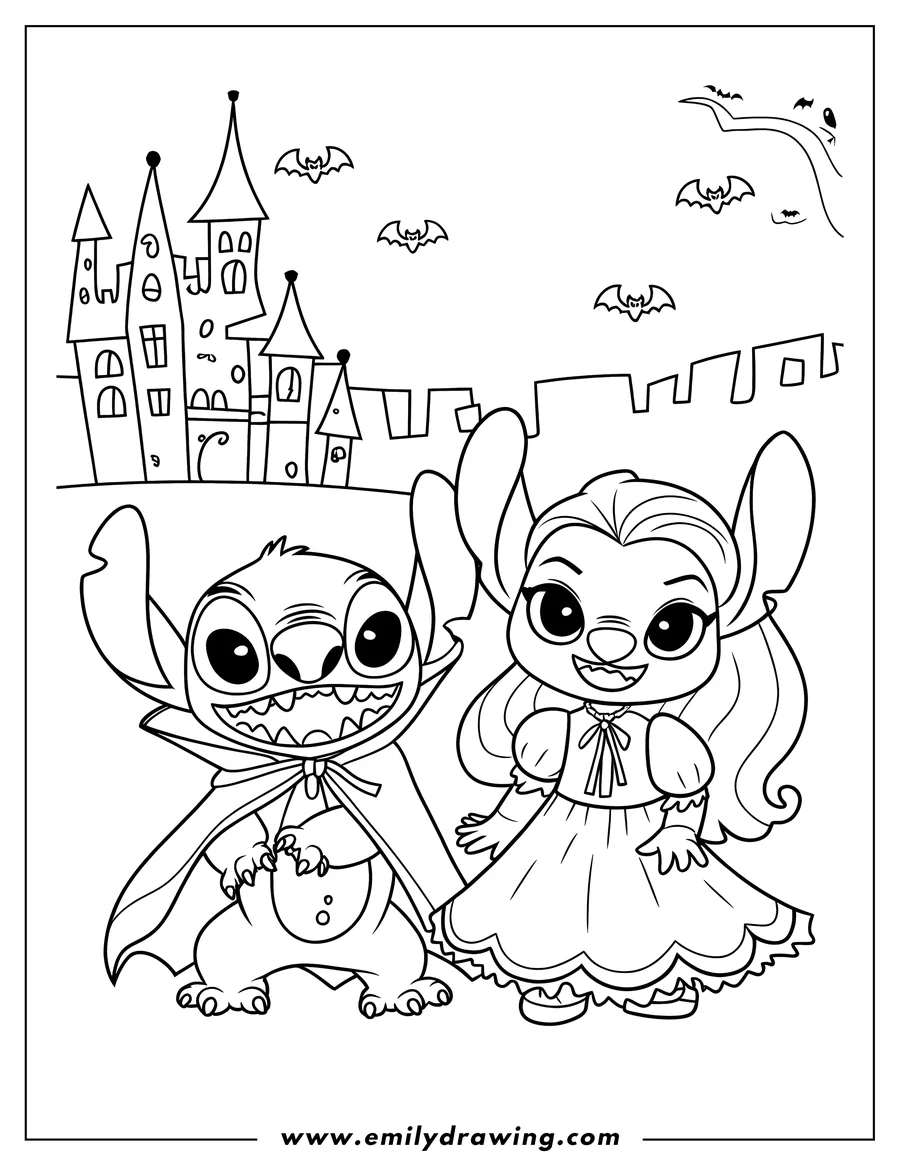 Line art of Stitch dressed as a vampire and Angel in a dress, with a spooky castle and bats in the background.