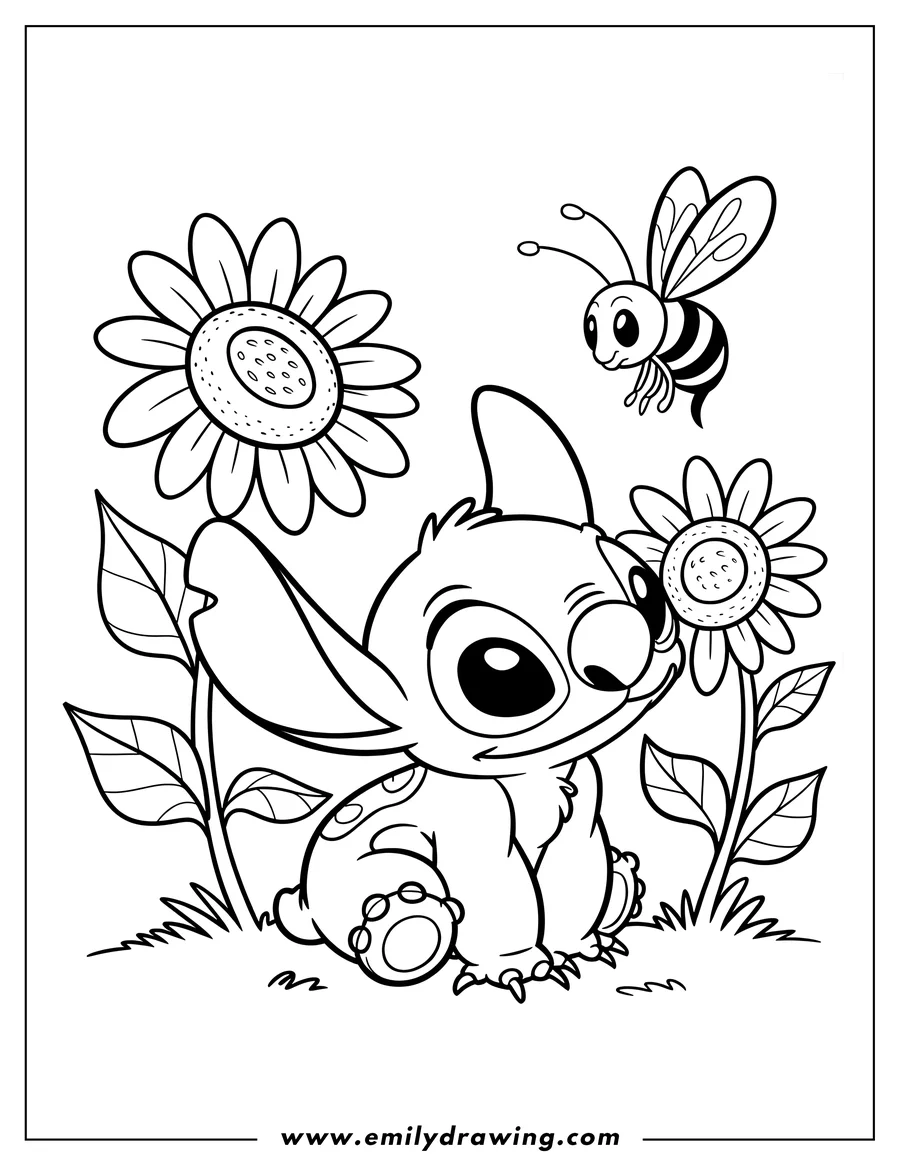 Outline of Stitch and a bee near flowers. Stitch is looking at a flower and the bee is flying near it.