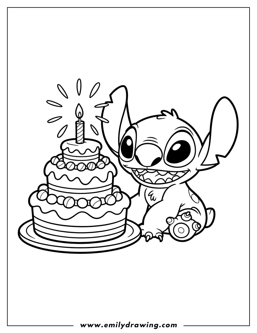 Outline of Stitch with a two-tiered birthday cake topped with a lit candle.