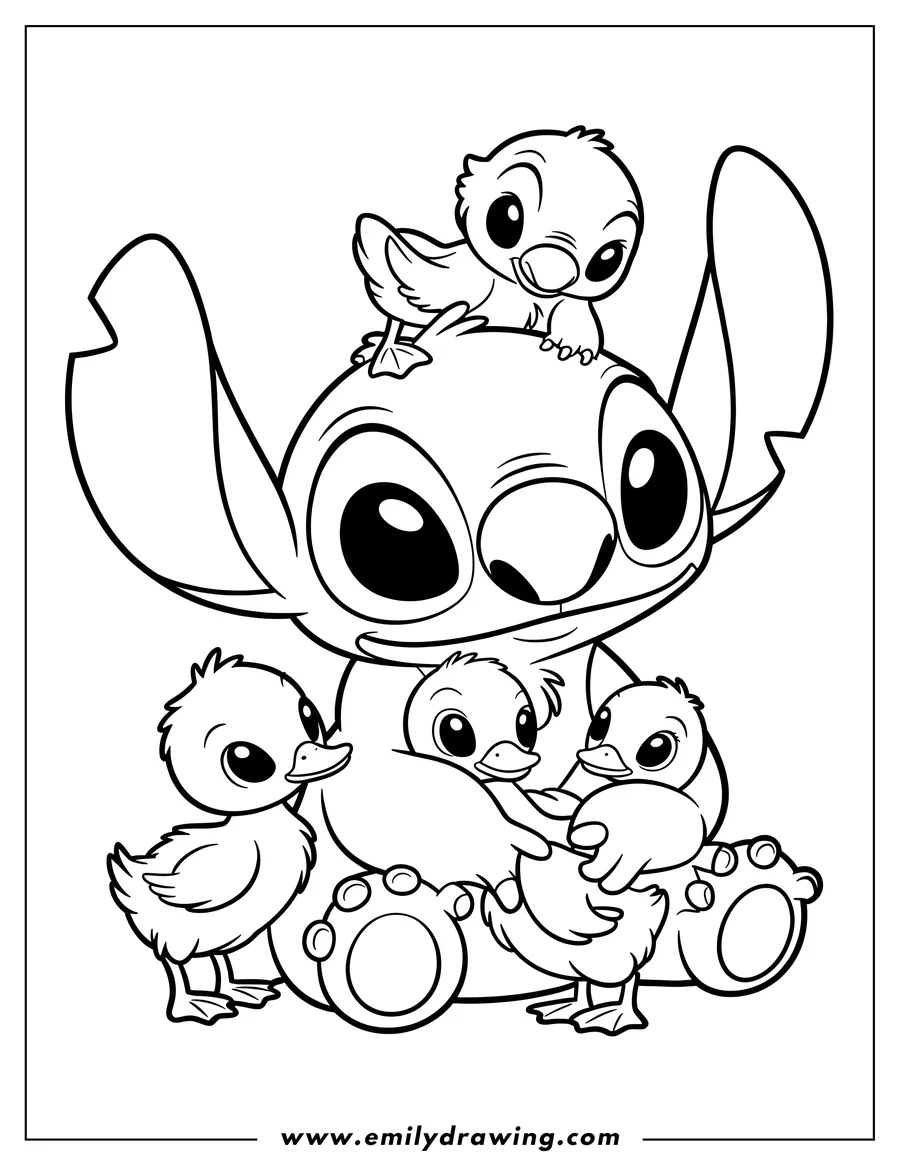 Outline of Stitch with four ducklings, one perched on his head and three gathered near his paws.