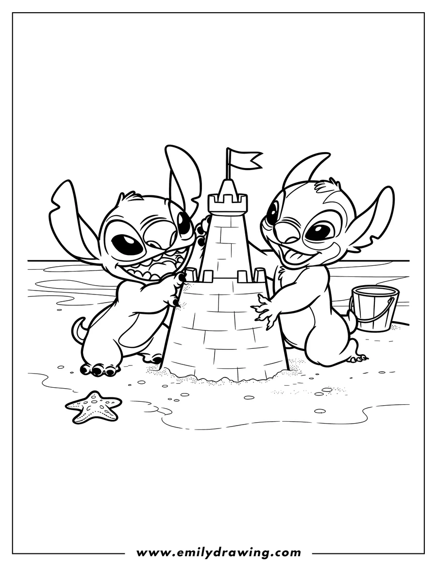 Two Stitch characters building a sandcastle on the beach, with a starfish in the foreground.